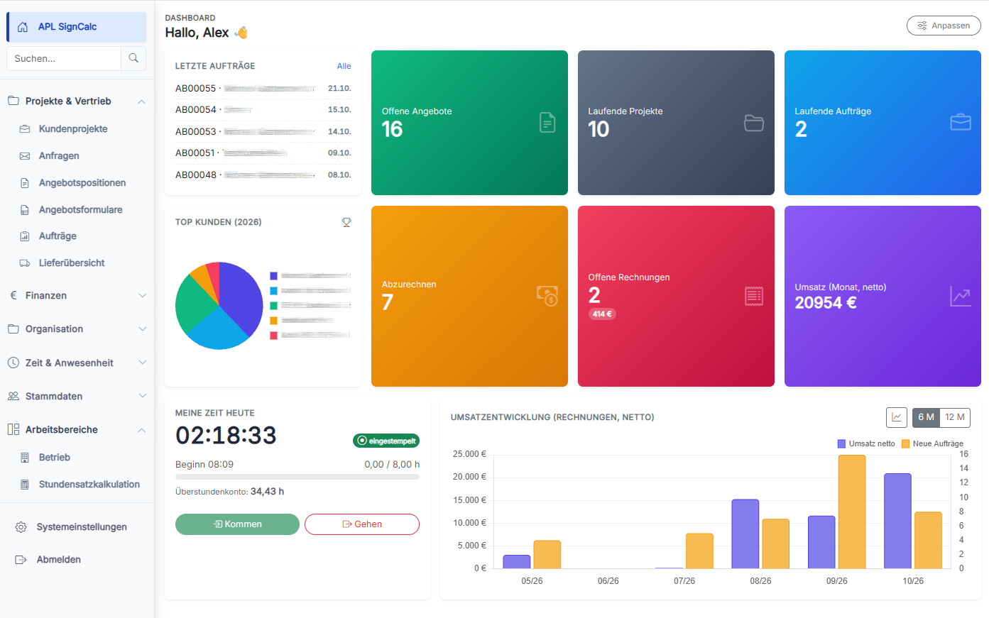 APL SignCalc Dashboard Vorschau